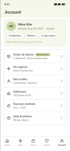 Account with skin profile and Orders & returns