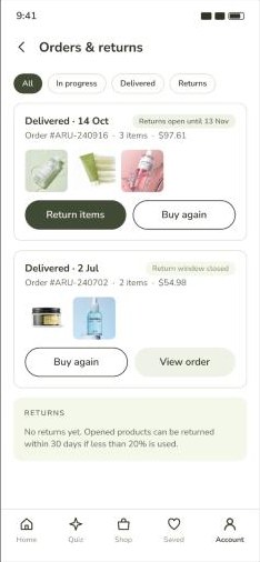 Orders & returns list with return window