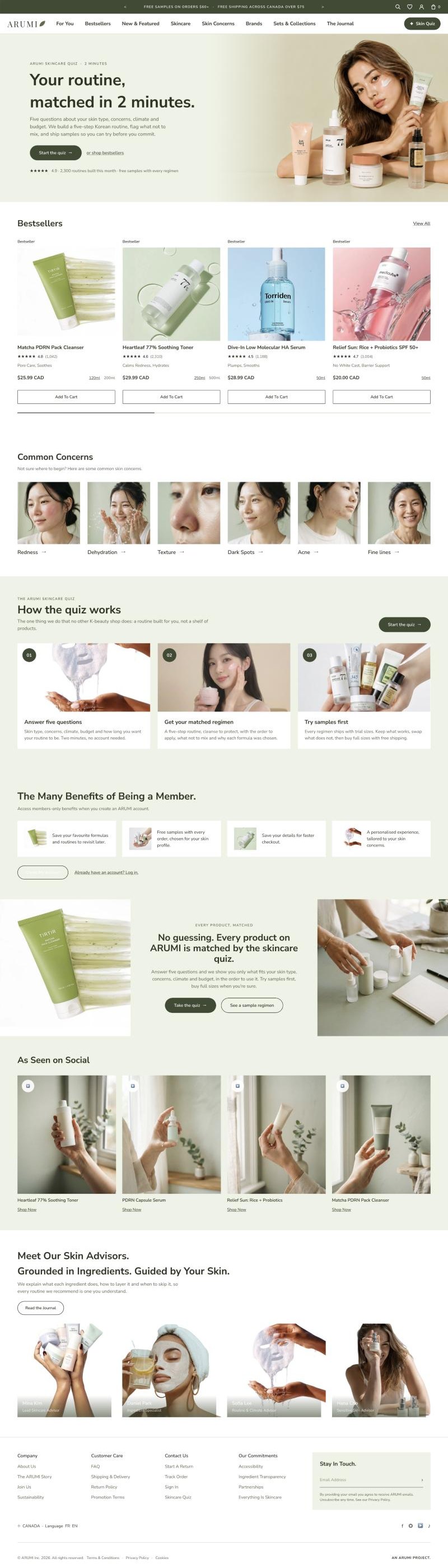 The full redesigned ARUMI homepage, scrolling from the hero to the footer