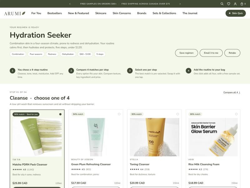Result: Hydration Seeker profile with four matched cleansers