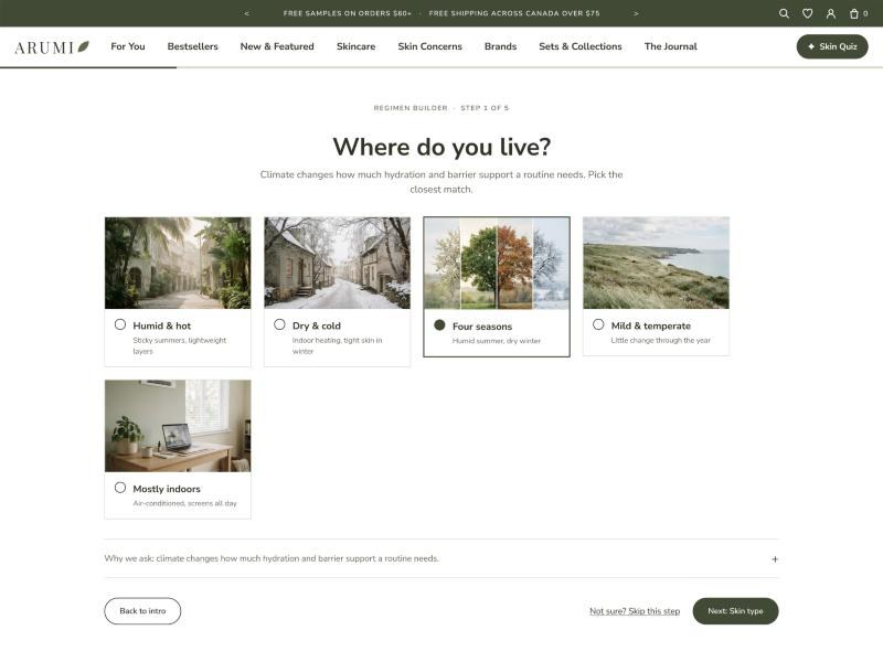 Step 1 of 5: Where do you live? with climate photo cards