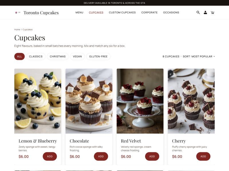 Cupcakes listing with filter chips