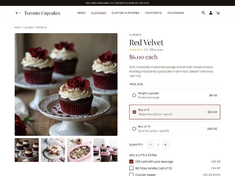 Red Velvet product page with pack sizes and extras