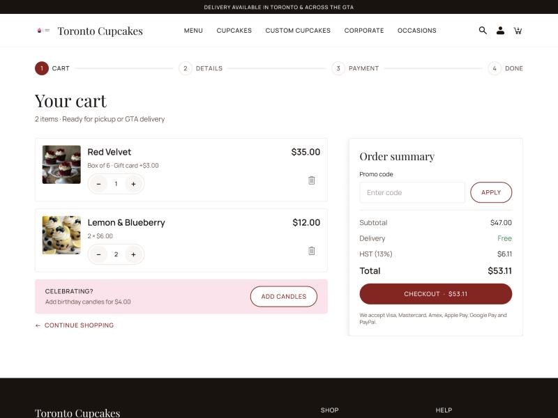 Cart page with order summary and promo code