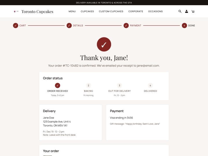 Order confirmation with status tracker