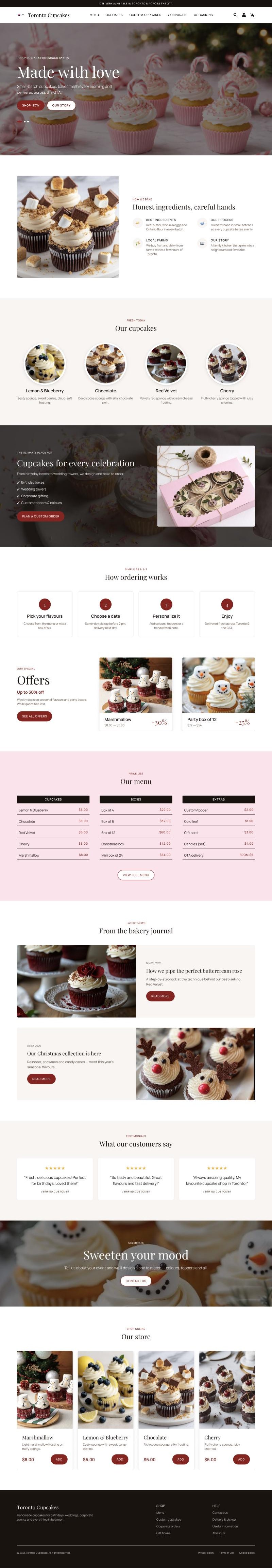The full redesigned Toronto Cupcakes homepage, scrolling from the hero to the footer